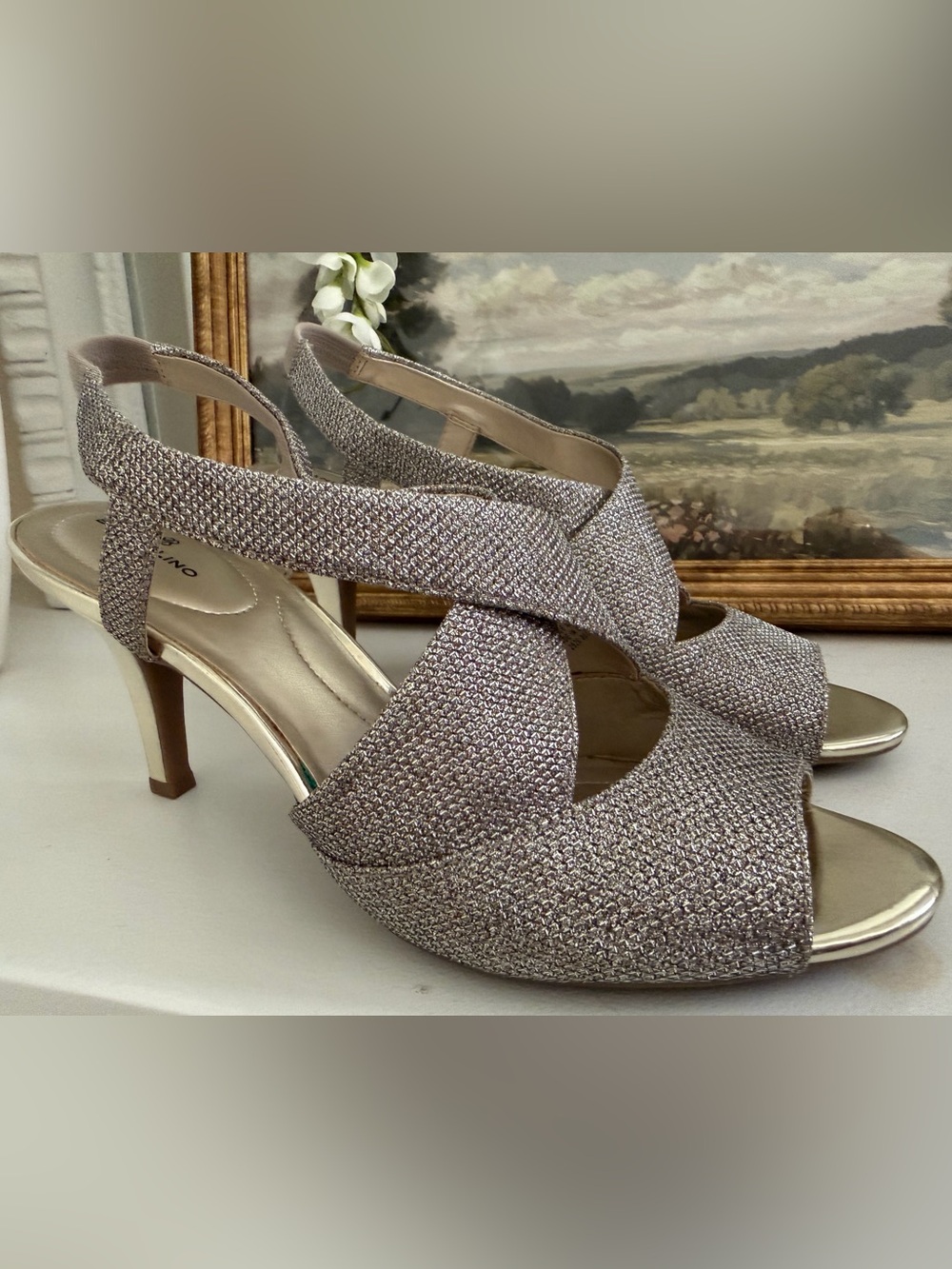 Bandolino Silver Glitter Slingback Heels
